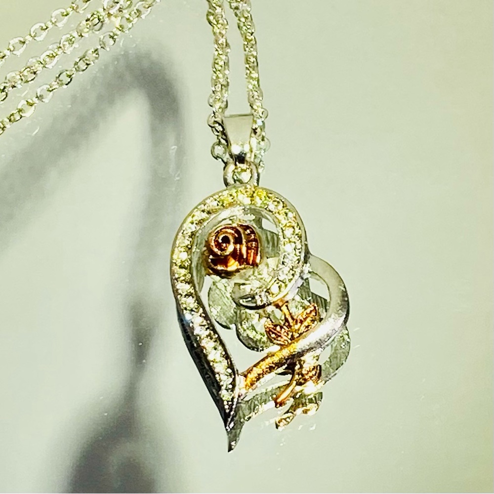 14k White Gold CZ Cubic Zircon Rose Flower Heart Pendant Necklace Chain Love - Picture 11 of 12
